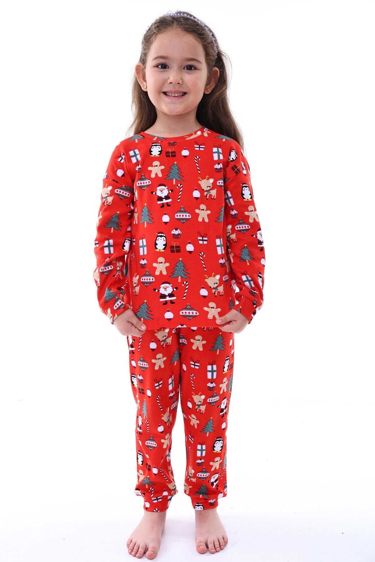 Sevimli Kardan Adam-Penguen Desenli %100 Pamuk Unisex Çocuk Pijama Takımı