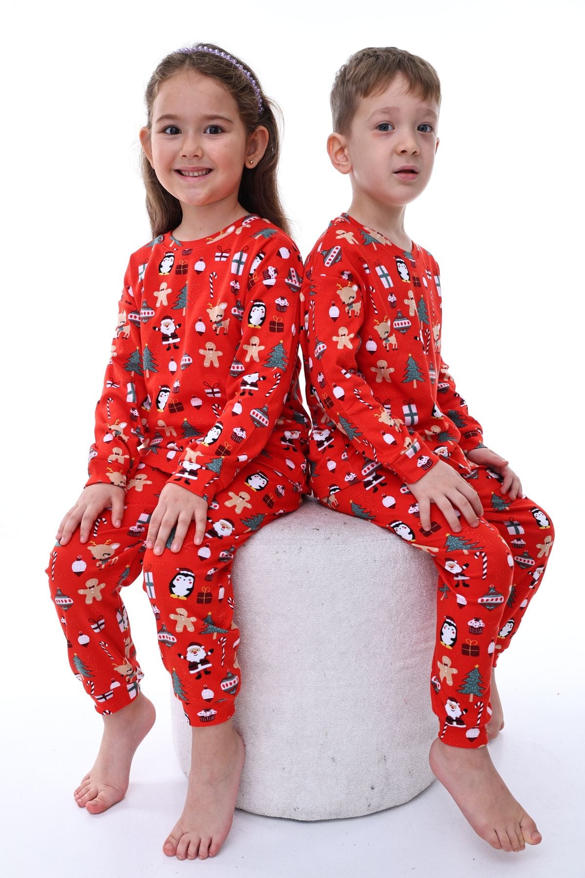 Sevimli Kardan Adam-Penguen Desenli %100 Pamuk Unisex Çocuk Pijama Takımı