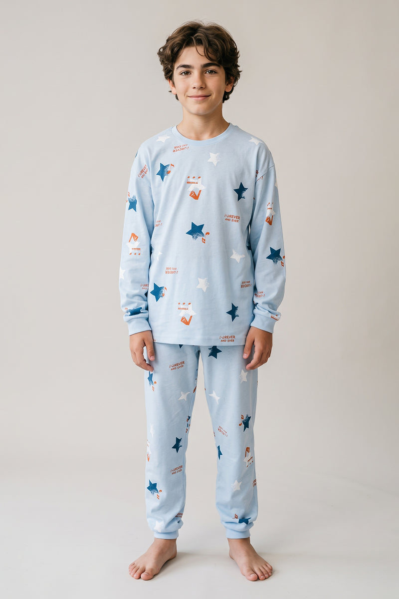 Yıldız Nota Desenli Mavi Pijama Takımı